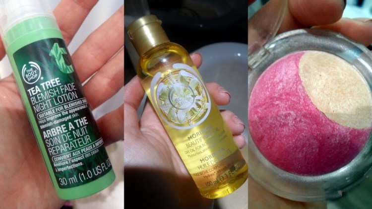 From left to right we've got Tea Tree Blemish Fade Night Lotion, Moringa body oil and Baked To Last blush in Petal.