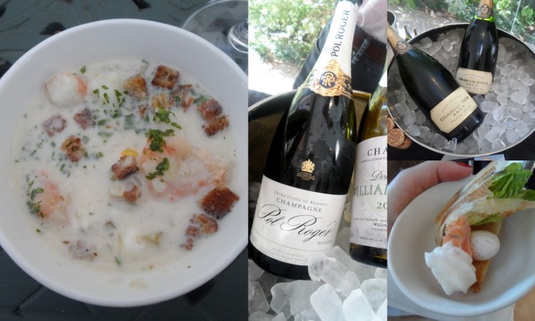 The clam chowder is on the left.