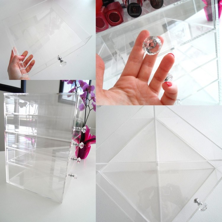 Bottom right is a side view of the box. Bottom left is the big bottom drawer with its removable 'X' divider.