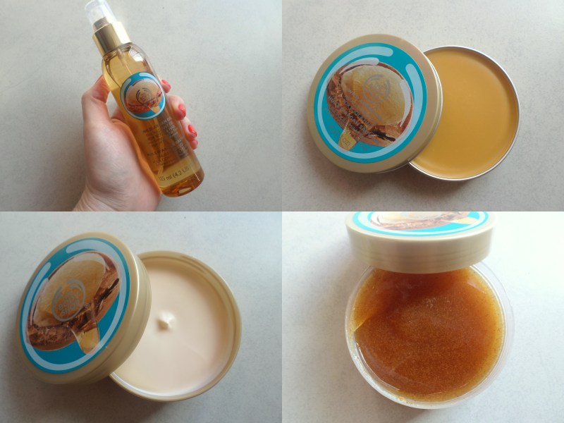 Going clockwise you're looking at the oil, the solid body oil, the scrub and body butter.