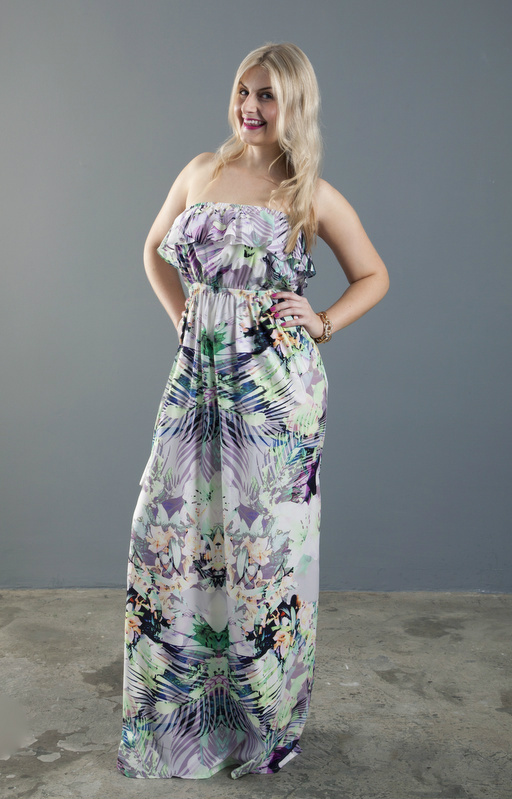 knee length dresses for ladies Ladies Shirred Waisted Tiered Mesh Maxi Dress