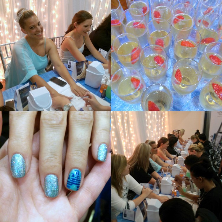Clockwise: Radio's Tammy B went full Monty with a tiara; sparkly champers; mani station a-go-go and Debbie from Sparkle's Party at the Palace mani with Disney palace statement nail. (OMG!) 