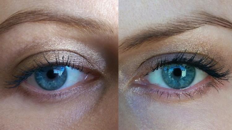 Two coats of Lancome Hypnose Volume-a-Porter on the left, one coat of Hypnose Volume-a-Porter over Benefit's primer on the right.